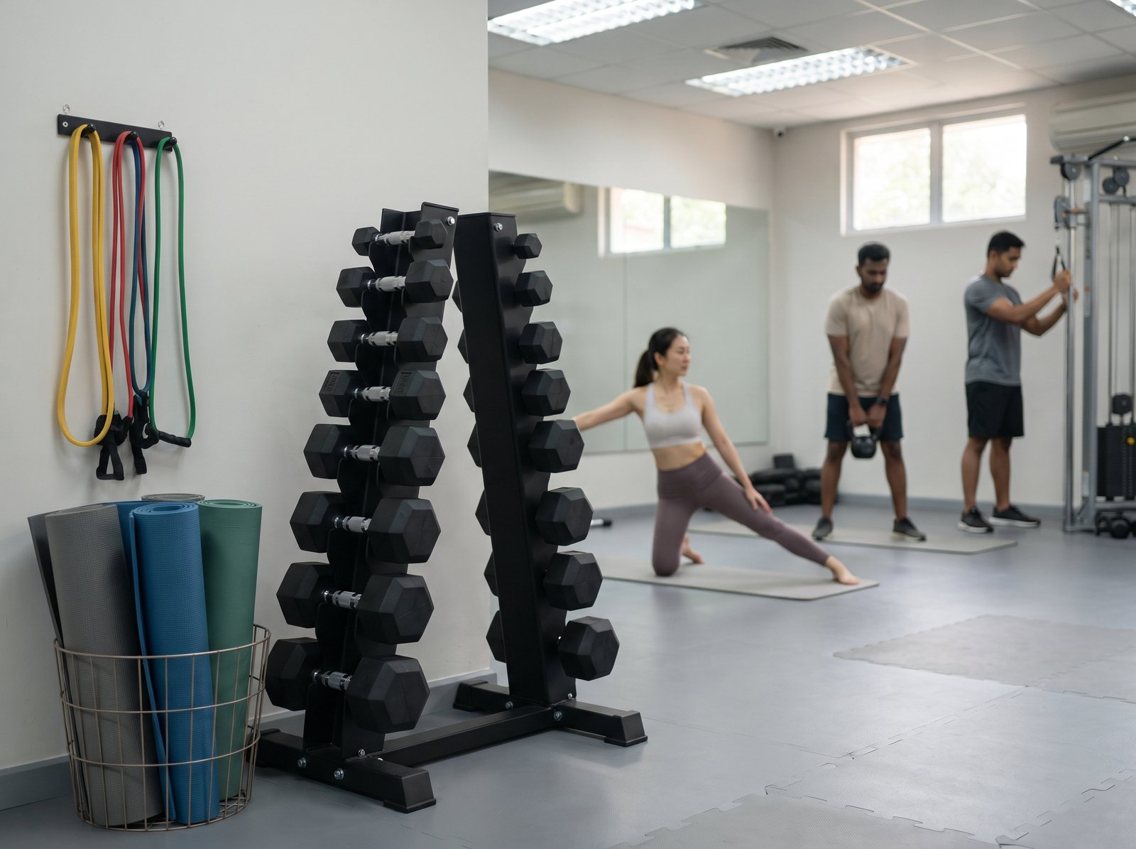 Dumbbells, mats and resistance bands