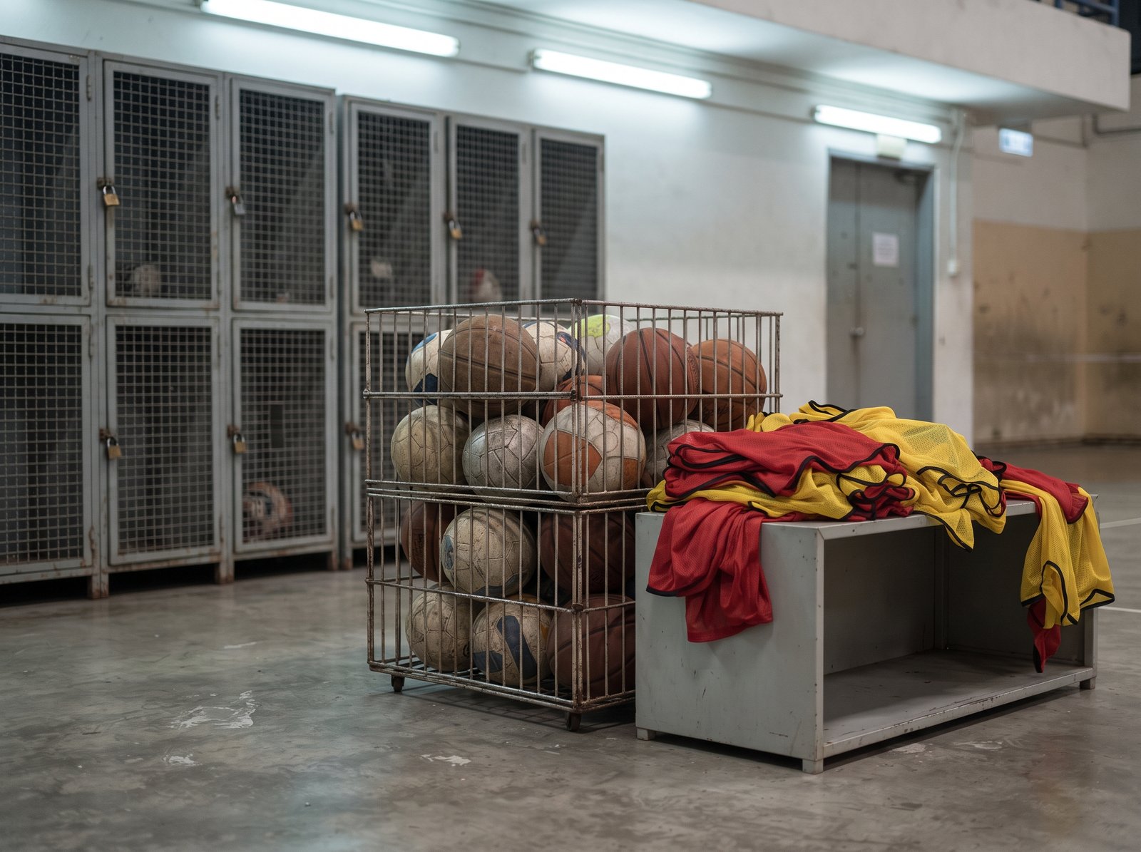 Footballs, basketballs and training bibs
