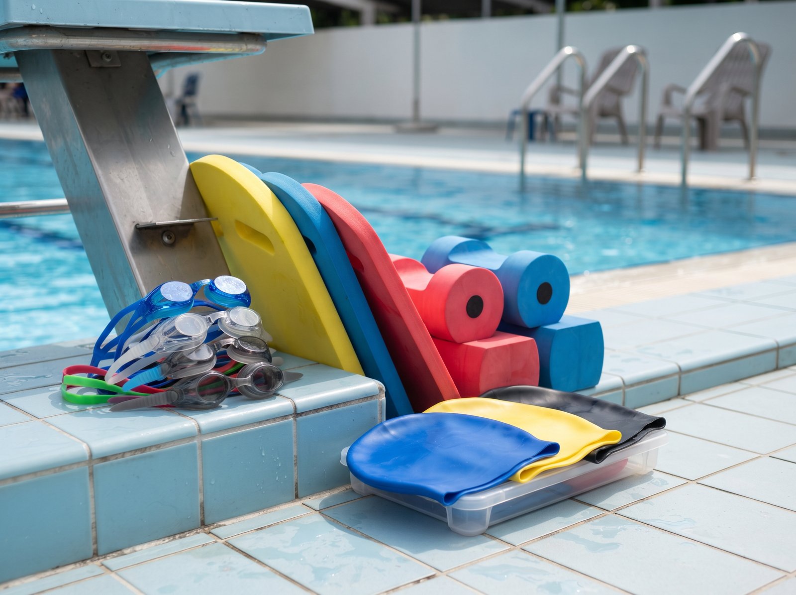 Swim goggles, floats and boards